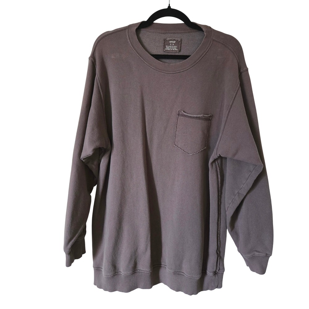 Aerie Womens Small Sweatshirt Brown Oversized Pocket Raw Seam Pullover Comfy